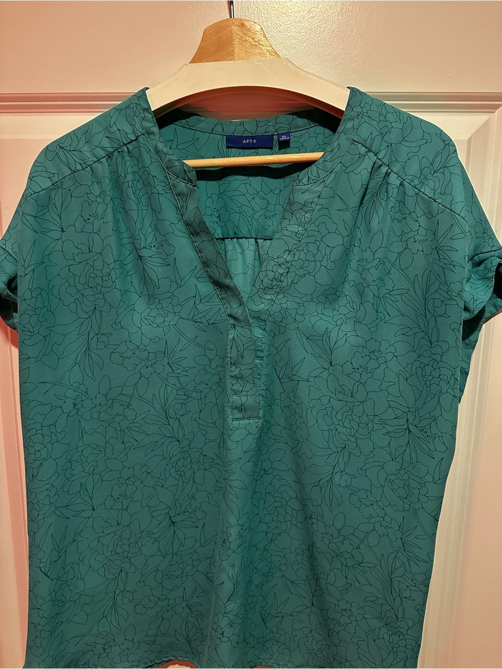Apt. 9 Teal Floral Split-V Notch Short Sleeve Blouse